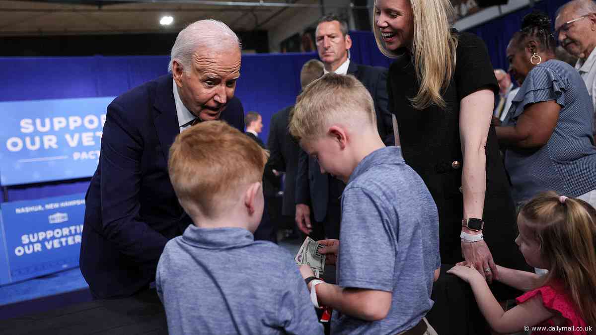 Biden hands kids money to buy ice cream... after bizarrely revealing why men should marry into a family of five daughters and struggling to say PACT Act