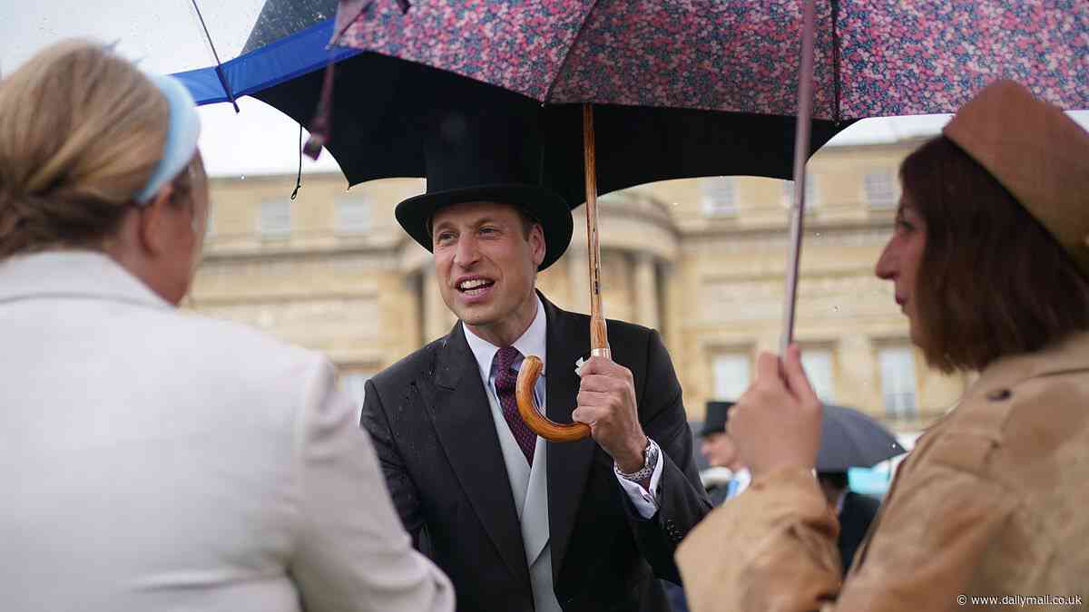 Prince William is joined by Princess Beatrice for his first garden party of 2024 without Kate by his side as they brave the rain at Buckingham Palace