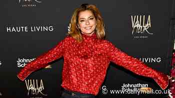 Shania Twain, 58, dons red blouse and dark denim to host Haute Living dinner party in Las Vegas... before chatting about upcoming Glastonbury Festival 'legends' set