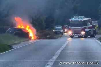 Crawley: Car crashes and catches fire in dramatic video