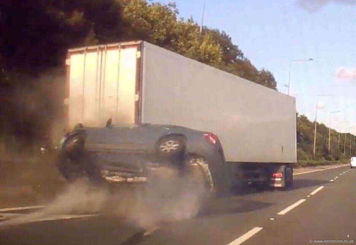 Shocking footage shows moment car crashes into lorry on M2