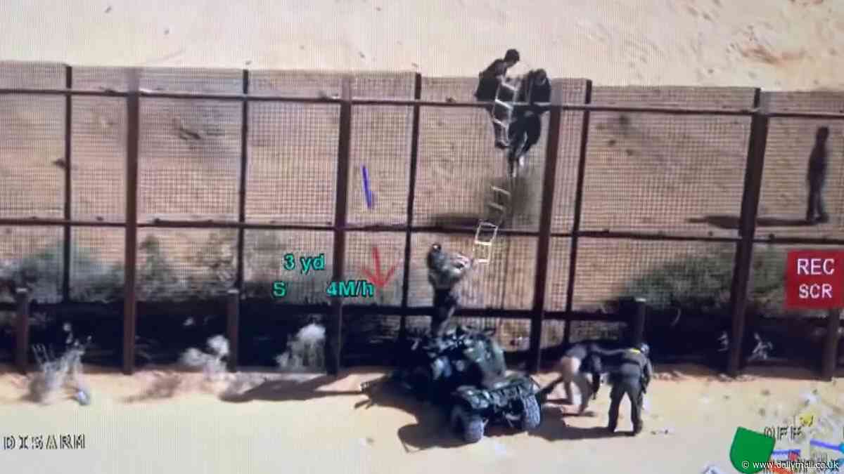 Moment when illegal immigrants swarm border wall, throw sand, rocks and water bottles in ugly clash with Border Patrol agents trying to stop them