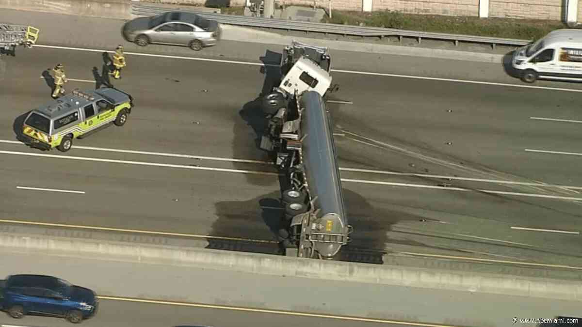Tanker truck rollover halts traffic on Turnpike in SW Miami-Dade