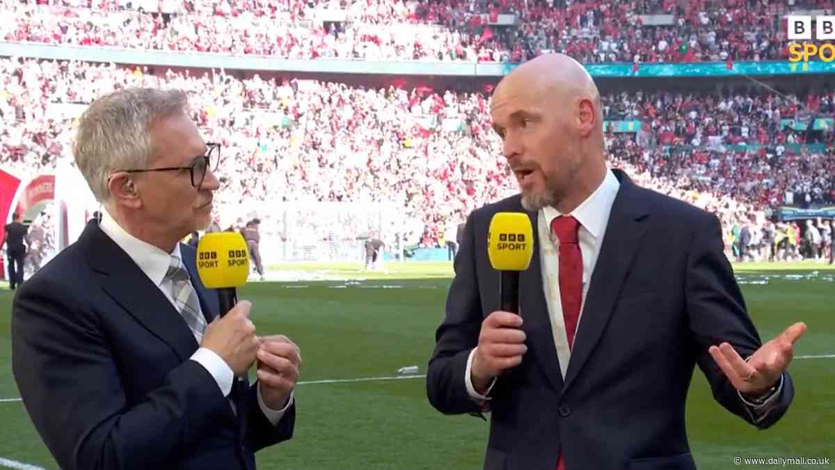 Gary Lineker leaves Erik ten Hag looking furious, after the Match of the Day host put the Man United boss on the spot during an awkward interview after FA Cup final