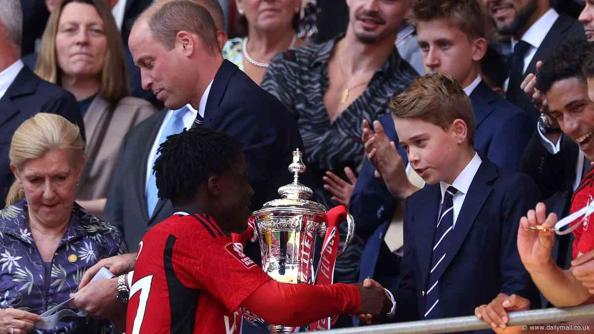 Prince George shakes hands with FA Cup matchwinner Kobbie Mainoo and England star Jack Grealish after joining dad William at Wembley for Manchester United's triumph over Manchester City