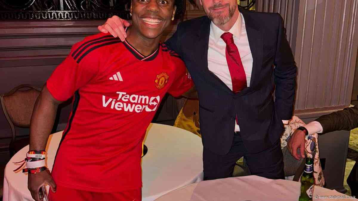 IShowSpeed recreates Alejandro Garnacho's incredible bicycle kick at Man United's FA Cup after party... as he laughs with Andre Onana over a meme of himself, while posing for a picture with Erik ten Hag