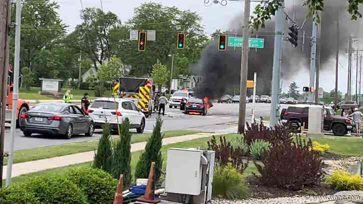 LOOK: Car catches fire after crash on Illinois Road