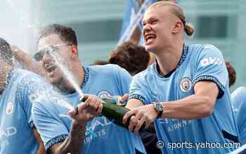 Pictured: Man City celebrate title success with open-top bus parade under threatening skies
