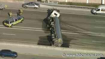 Video shows moment tanker truck rolled over, halted traffic on Turnpike in SW Miami-Dade