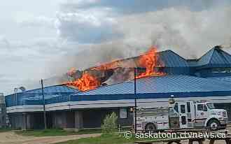 Emergency crews battling a fire at Waterhen School