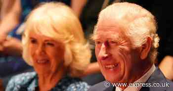 King Charles and Queen Camilla giggle as they watch play about family betrayal