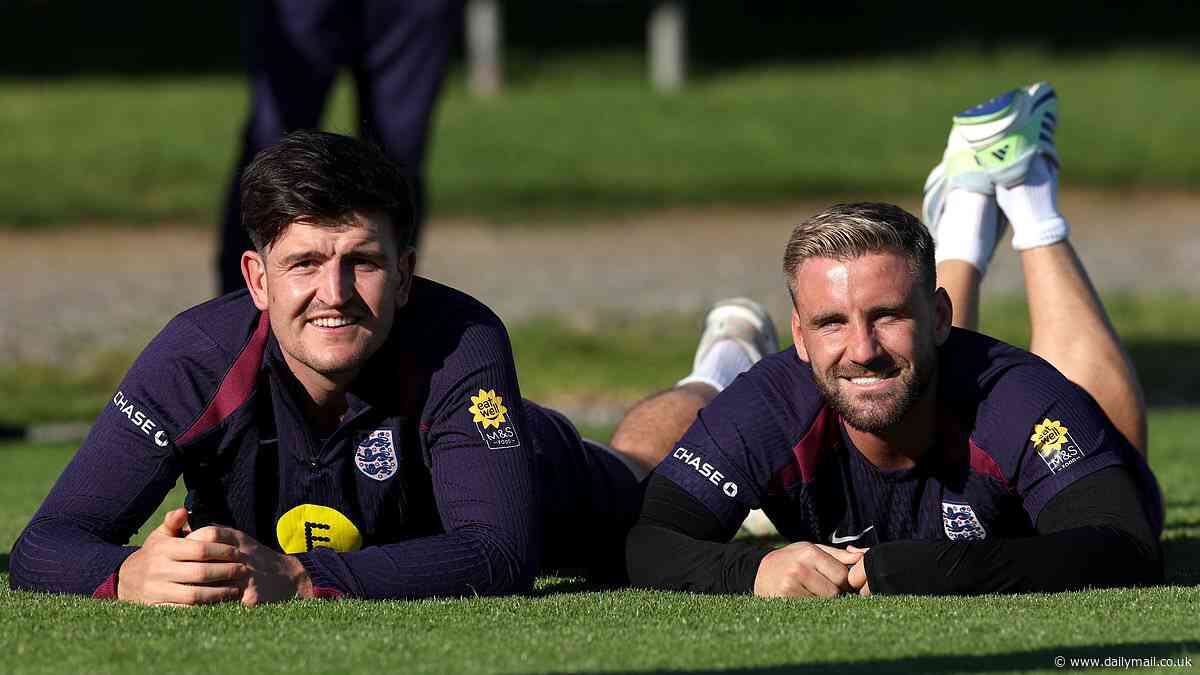 Gareth Southgate's provisional England squad train together for the first time ahead of Euro 2024... as beaming Harry Maguire and Luke Shaw look to prove their fitness