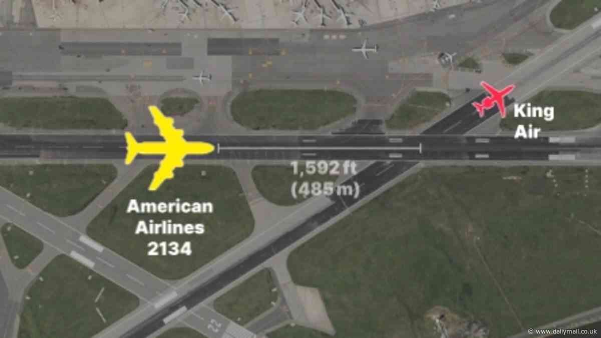 Hair-rising moment American Airlines is in near miss during take-off as pilot is forced to slam on the brakes at 110mph when private King aircraft lands in its path at Reagan National Airport