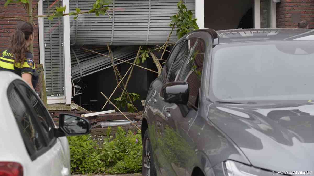 Automobiliste ramt met auto de gevel van haar huis, boom belandt binnen