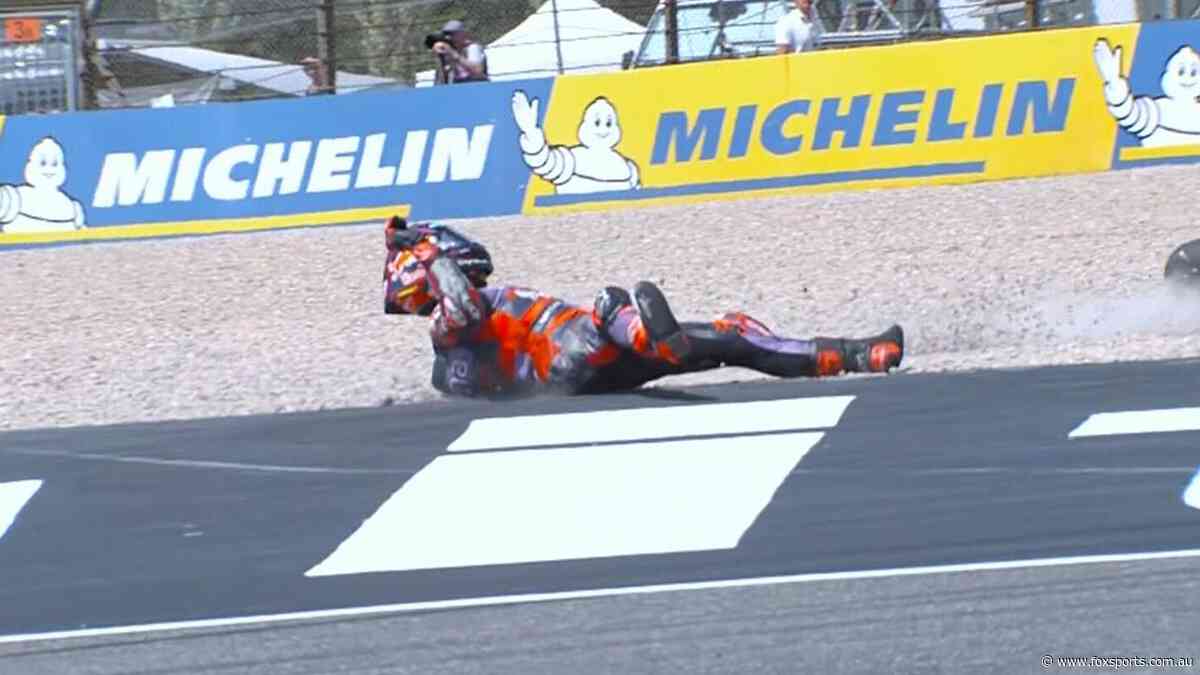 Defending champ takes major tumble as title rival finishes first in thrilling Italian MotoGP sprint race