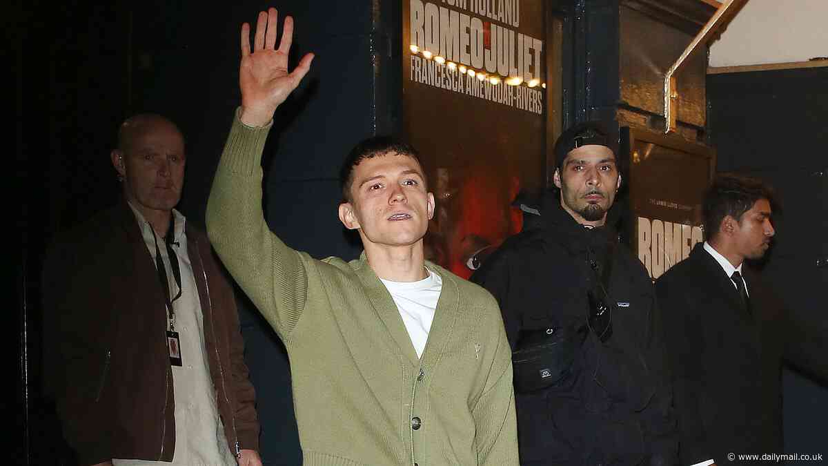 Tom Holland is swarmed by crowds of adoring fans as he leaves the theatre following a performance of Romeo & Juliet on the West End