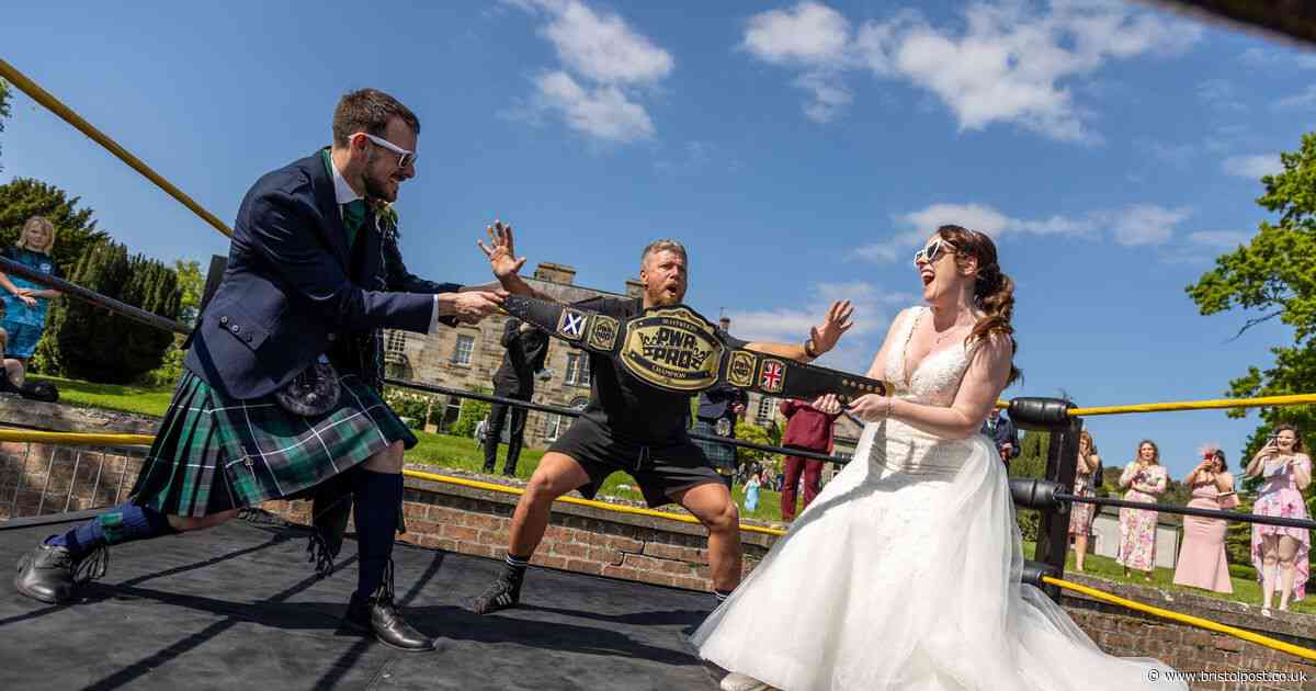 Couple who tied the knot next to a wrestling event jump in the ring for a fight