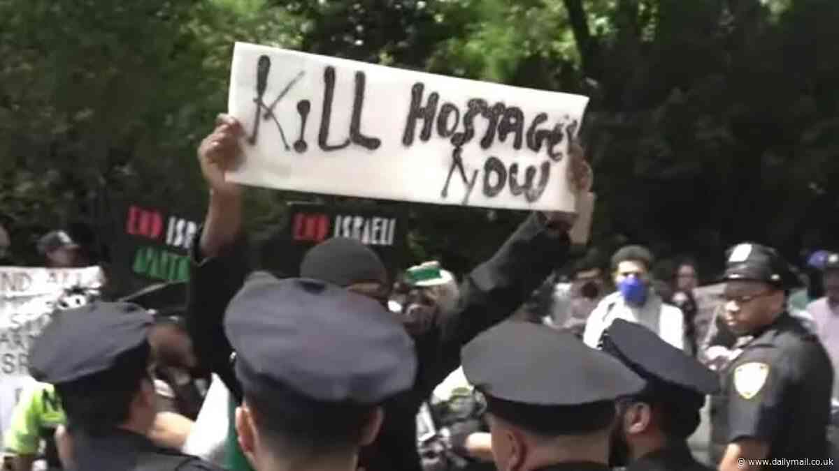Chaos at NYC Israel Day Parade as masked protester storms procession holding 'kill hostages now' sign