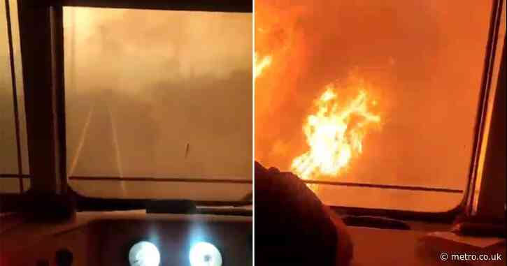 Train races through ‘Armageddon’ inferno amid wildfires