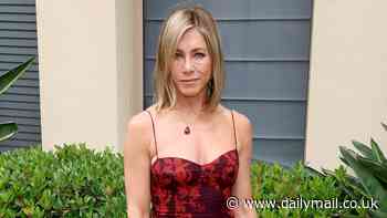Jennifer Aniston, 55, stuns in a crimson dress as she leads stars at The Morning Show FYC event... two months after her plastic surgery clinic trip with pal Sandra Bullock