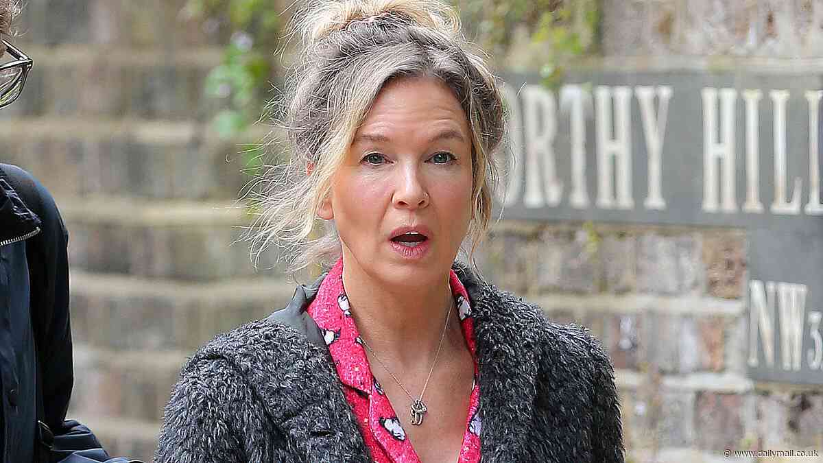 Renee Zellweger looks disheveled as she films school run scene for Bridget Jones 4 in penguin pyjamas and a necklace with 'late' husband Mark Darcy's initials