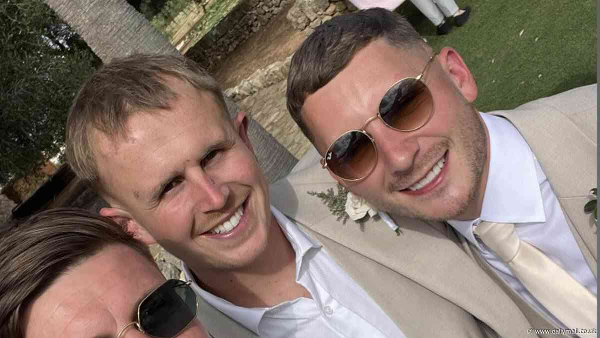 ​Inside Majorca wedding of British group arrested over beach bar brawl: Topless groom and guests enjoy boozy reception after posting bail in time to say 'I do'