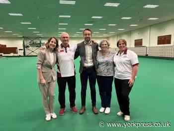 Liz Kendall and Luke Charters visit New Earswick Bowls Club