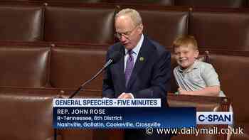 Republican Congressman John Rose's son steals the limelight by making silly faces behind him during his speech on the House floor