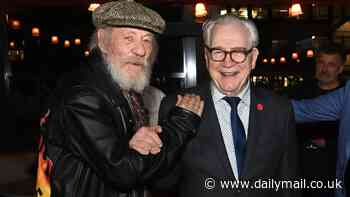 Sir Ian McKellen, 84, embraces his inner rockstar in trendy leather jacket as he beams beside Brian Cox, 78, at National Youth Theatre party