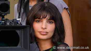 Emily Ratajkowski wears short bobbed wig with micro bangs while filming with Michael Zegen on set of Lena Dunham's upcoming series Too Much