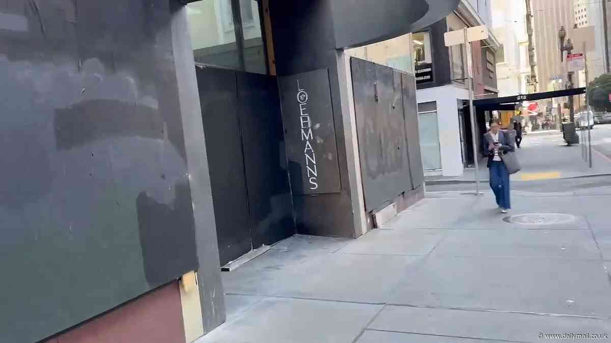 San Francisco's business hub is deserted with eerie footage showing boarded up shops, for lease signs and empty sidewalks after spiraling crime and homelessness drove businesses out