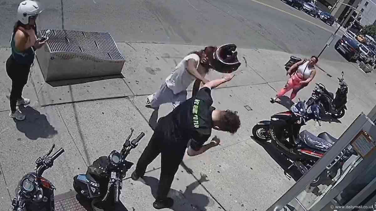 Scooter-rider smashes repairman in the head with his helmet over $30 bill: Maniac is stabbed before biting cops in dramatic sidewalk brawl