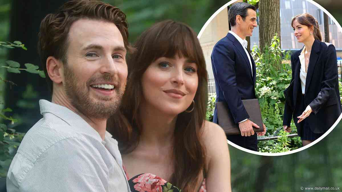 Dakota Johnson dons two stylish outfits as she films The Materialists with hunky co-stars Chris Evans and Eddie Cahill in New York City