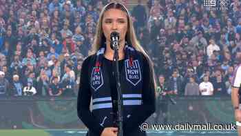 Glamorous Savannah Fynn turns heads when performing Welcome to Country at Origin - as footy fans rubbish rendition of Advance Australia Fair