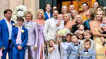 Rod Stewart, 79, makes the rare move of posing with his HUGE blended family and proves he's the friendliest of exes with Rachel Hunter at their son Liam's lavish wedding in Croatia