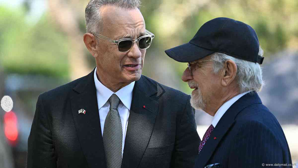 D-Day: Tom Hanks and Steven Spielberg, whose father fought in WW2, attend moving 'last goodbye' ceremony to mark 80th anniversary of Normandy landings as actor praises 'young men doing the right thing'