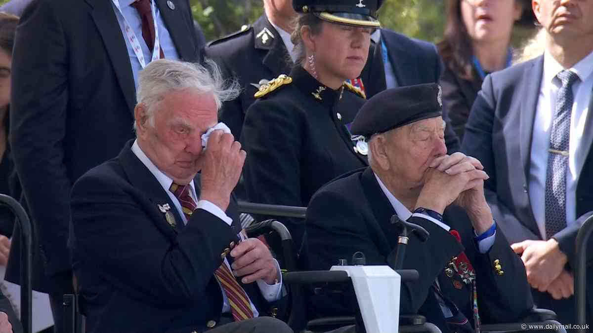 Tears for their fallen comrades: D-Day veterans weep as world leaders and royals honour them on same Normandy beaches they stormed 80 years ago - as Queen shares sweet moment with war hero who gives her white rose