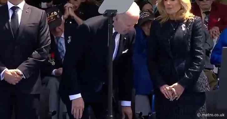 Biden mocked for ‘sitting on imaginary chair or pooping’ during D-Day ceremony