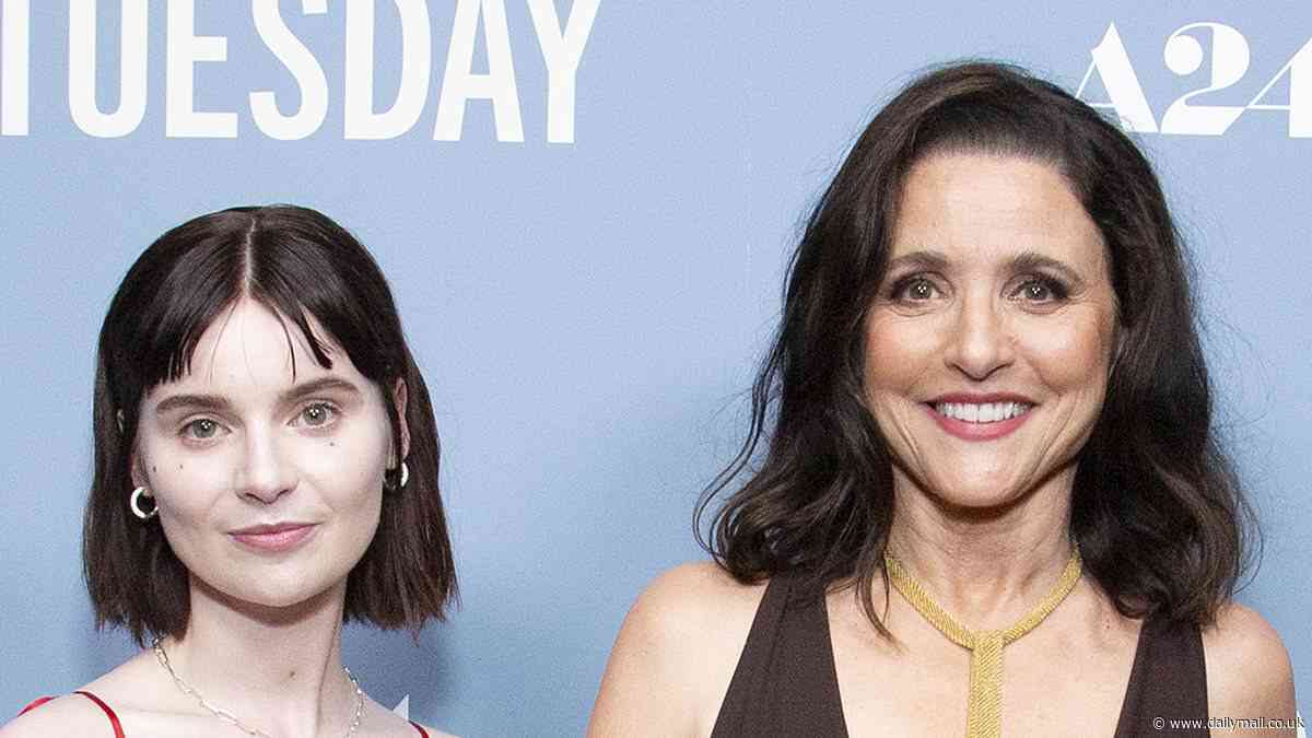 Julia Louis-Dreyfus, 63, flaunts her stellar figure in a plunging brown dress while joining costar Lola Petticrew at a screening of their new film Tuesday