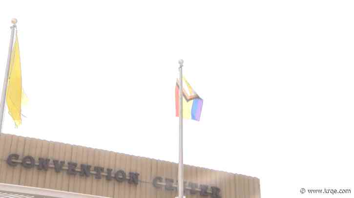 Pride flag flies over Albuquerque's Civic Plaza celebrating National Pride Month