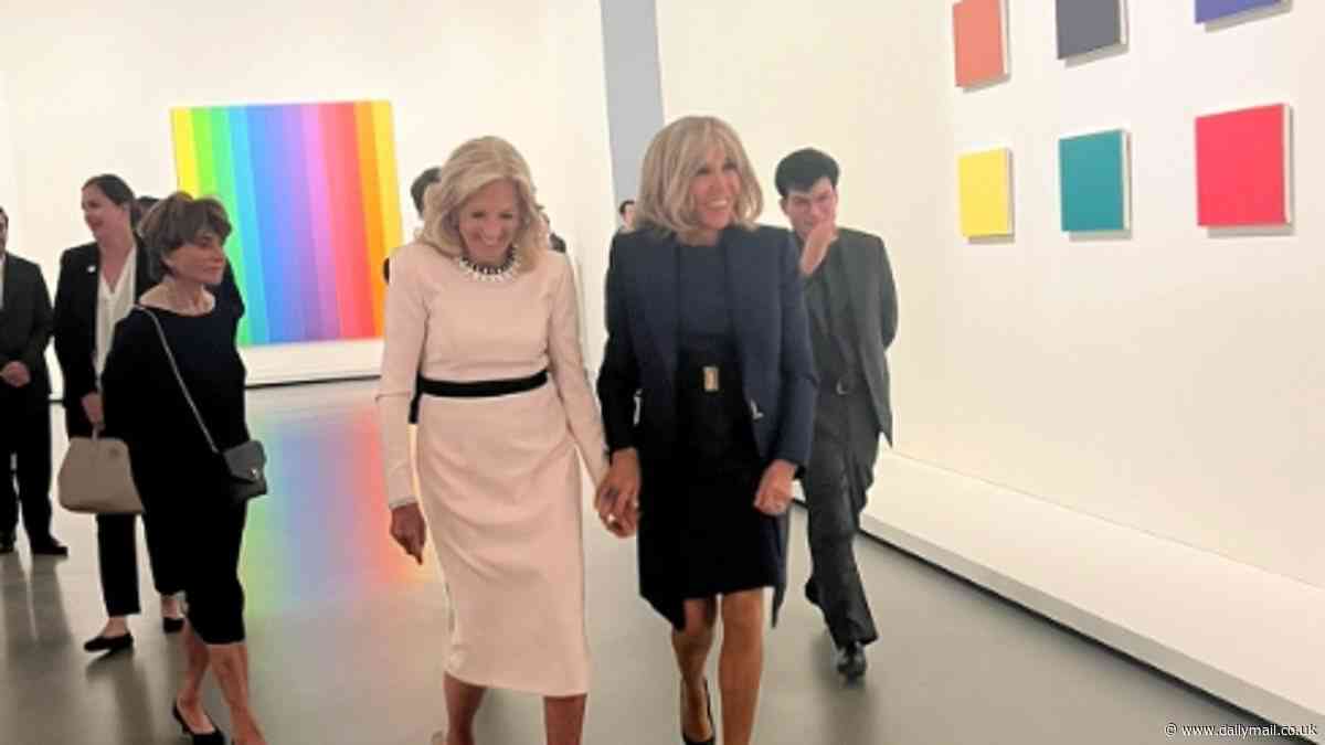 From court to couture: Jill Biden flies 3,500 miles to join fashionable French first lady Brigitte Macron at a Louis Vuitton exhibit - but refuses to comment on Hunter's bombshell trial