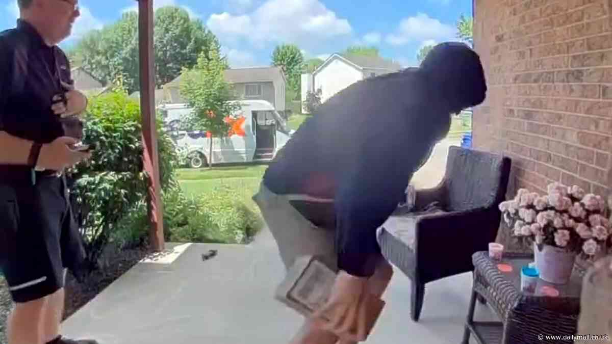 Extraordinary moment brazen porch pirate runs up and grabs package before delivery man has even left