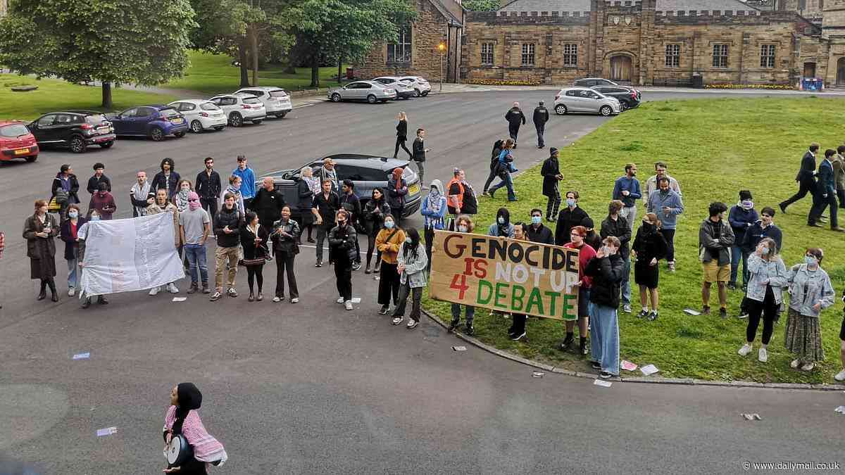 Fury as Durham university CANCELS Gaza war debate at the last minute after 'mob' of pro-Palestine protesters 'locked' students inside chamber for over two hours by forming a human chain around the building