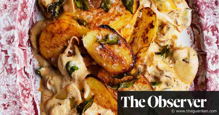 Nigel Slater’s recipes for grilled potatoes with curry yoghurt sauce, and pea croquettes