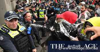 Adam Bandt blasts government at Palestine rally as police pepper-spray protesters
