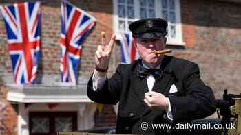 Turning back the clocks 80 years: Cigar-smoking Churchill copycat takes part in WWII-themed military motorcade through small village marking D-Day