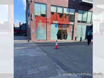 Barclays on Central Street, Bury, smashed and covered in red paint
