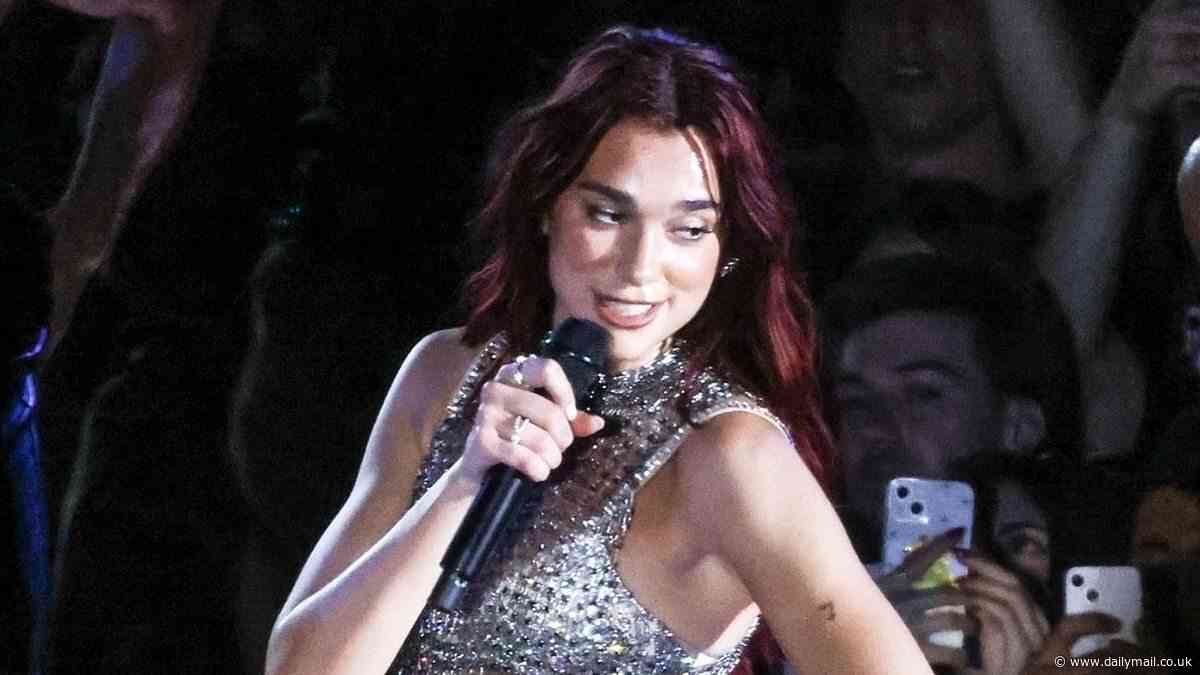 Dua Lipa looks incredible in a sequinned chainmail top before changing into a mesh bodysuit during performance in Croatia