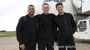 England stars are all smiles as they board their plane for the Euros armed with PlayStations, worn-in slippers and moisturiser as Gareth Southgate's 26-man head off to Germany