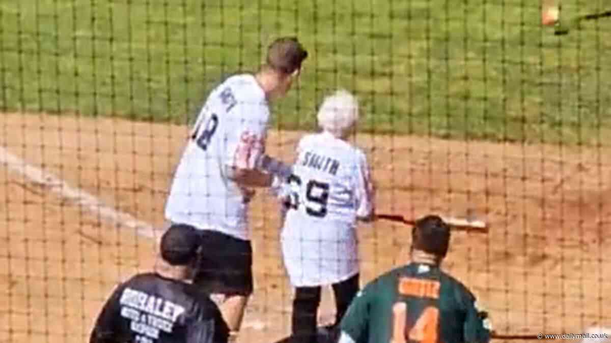 WATCH: Grandma gets brutally run out by NFL player during celebrity charity softball game